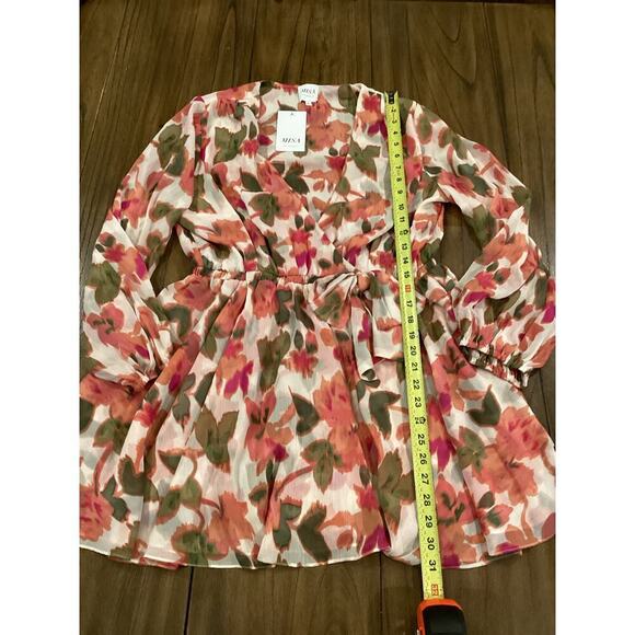 MISA Caria sonora flora Blouson Sleeve Tie Waist Mini Dress Floral Multicolor L - Picture 4 of 12